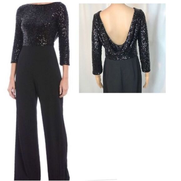 Badgley Mischka Size 2 Maya Stretch Sequin Jumpsuit Black Glam Formal Event - Picture 2 of 11